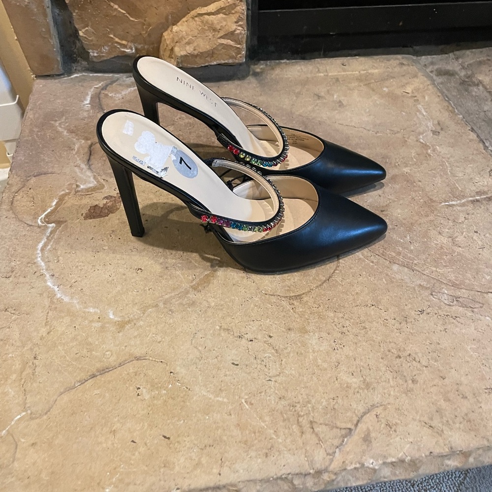 Nine West Black Jeweled Strap Mules Size 7